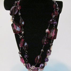Gun metal chain purple and black Lucite beads two strands necklace NY